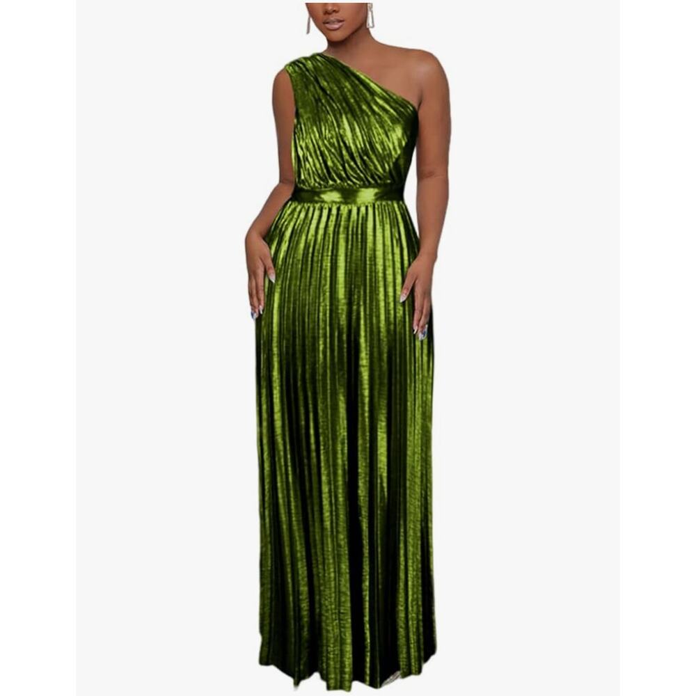 AOMEI Women's Luxury Metallic One Shoulder Sleeveless Elegant Pleated Long Dress - Picture 1 of 10